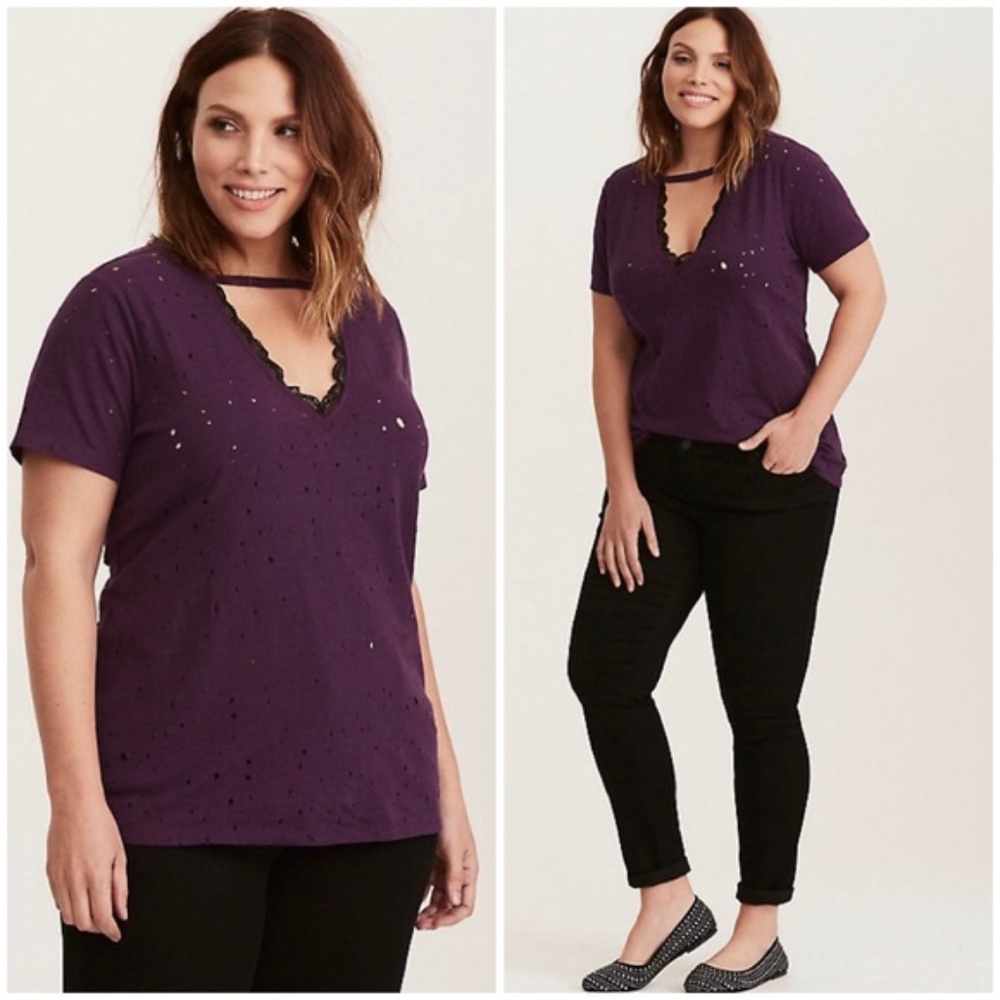Torrid Purple Destructed Lace Choker Tee